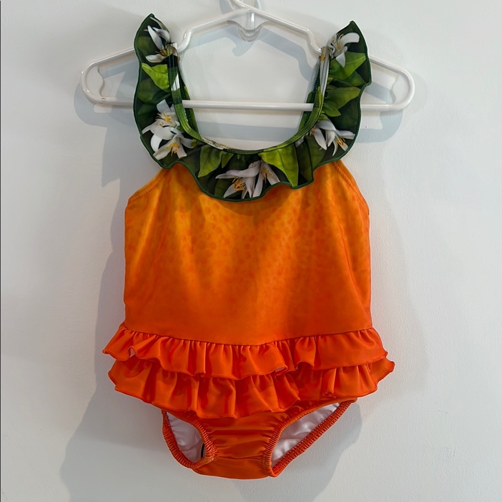 Toddler Girl One Piece Swimsuit Molo NWT Orange and Green Ruffled